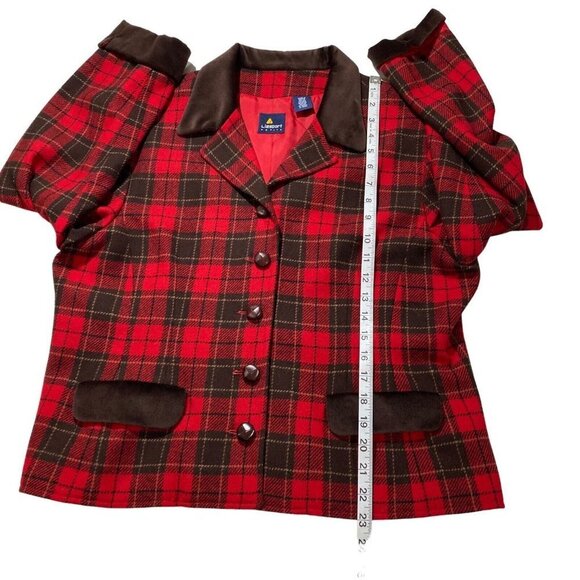 Liz Sport Red Black Plaid 5-Button Wool Blazer Sz 14P Brown Contrast Jacket EUC - Picture 12 of 13